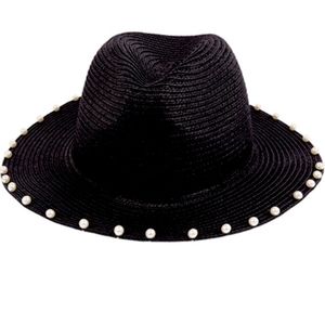 BLACK PANAMA BRIM HAT WITH PEARL ACCENTS